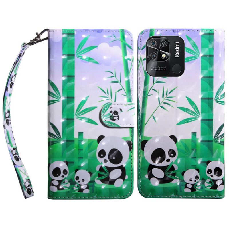 Folio-hoesje voor Xiaomi Redmi 10C Met Ketting Lanyard Panda-familie