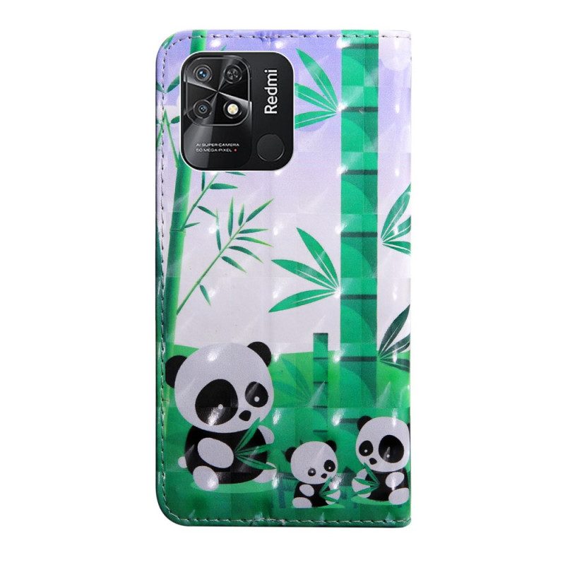 Folio-hoesje voor Xiaomi Redmi 10C Met Ketting Lanyard Panda-familie