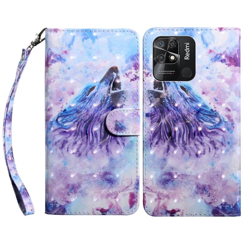 Folio-hoesje voor Xiaomi Redmi 10C Met Ketting Lanyard Wolf