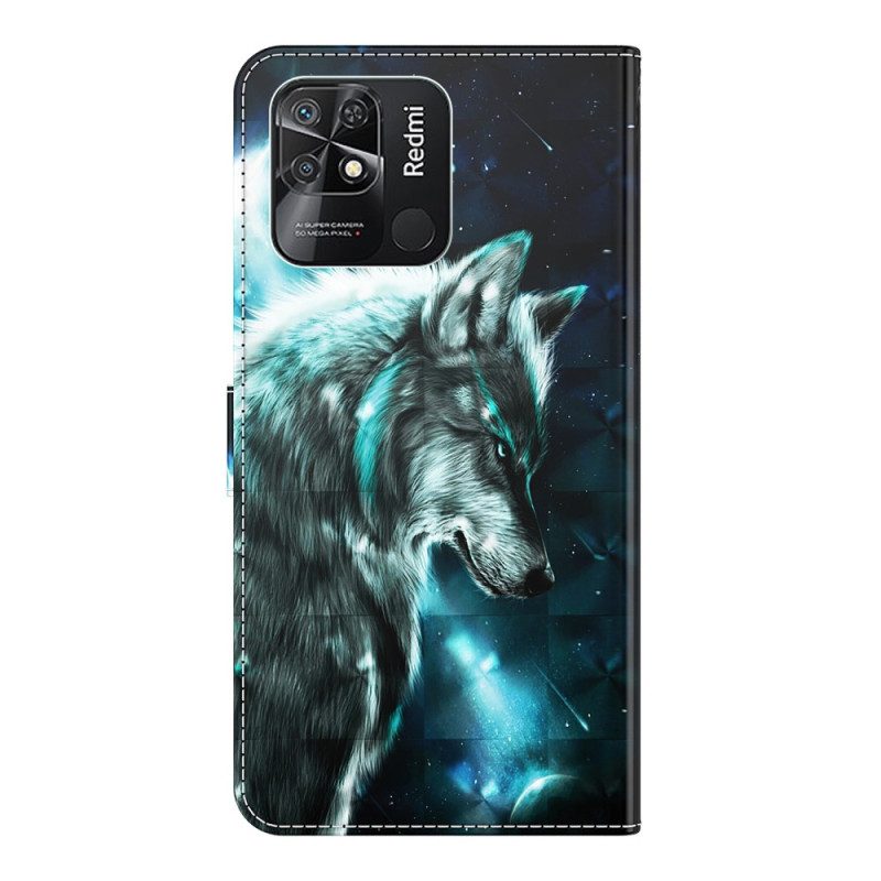 Folio-hoesje voor Xiaomi Redmi 10C Met Ketting Lanyard Wolf