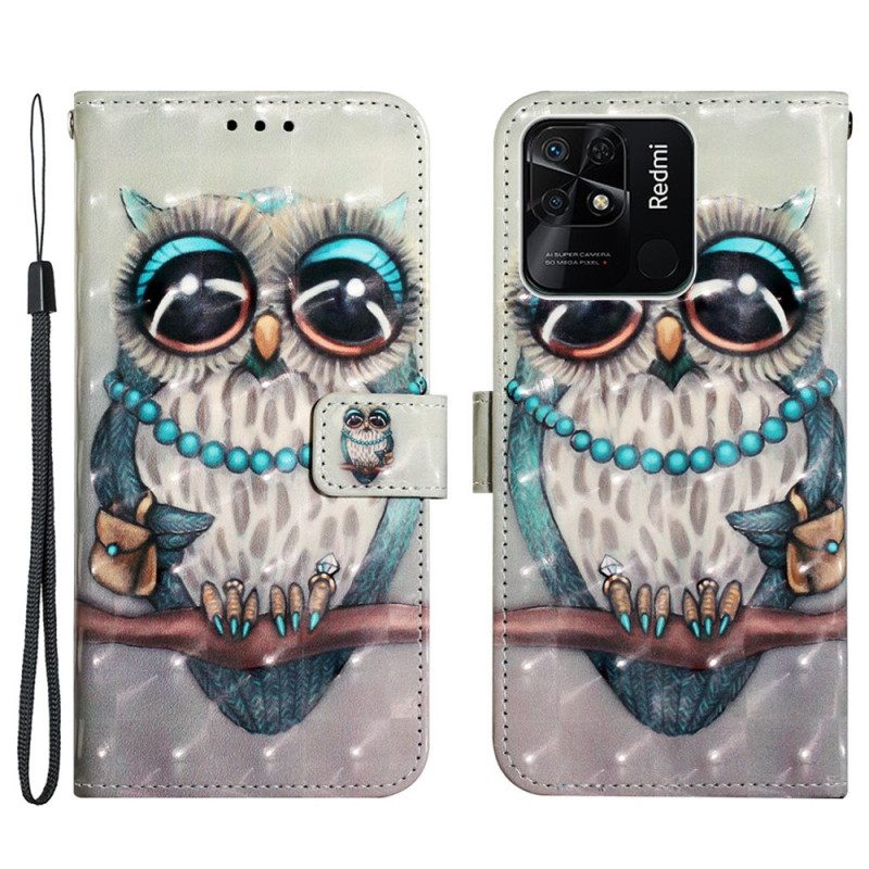 Folio-hoesje voor Xiaomi Redmi 10C Met Ketting Miss Uil Met Riem