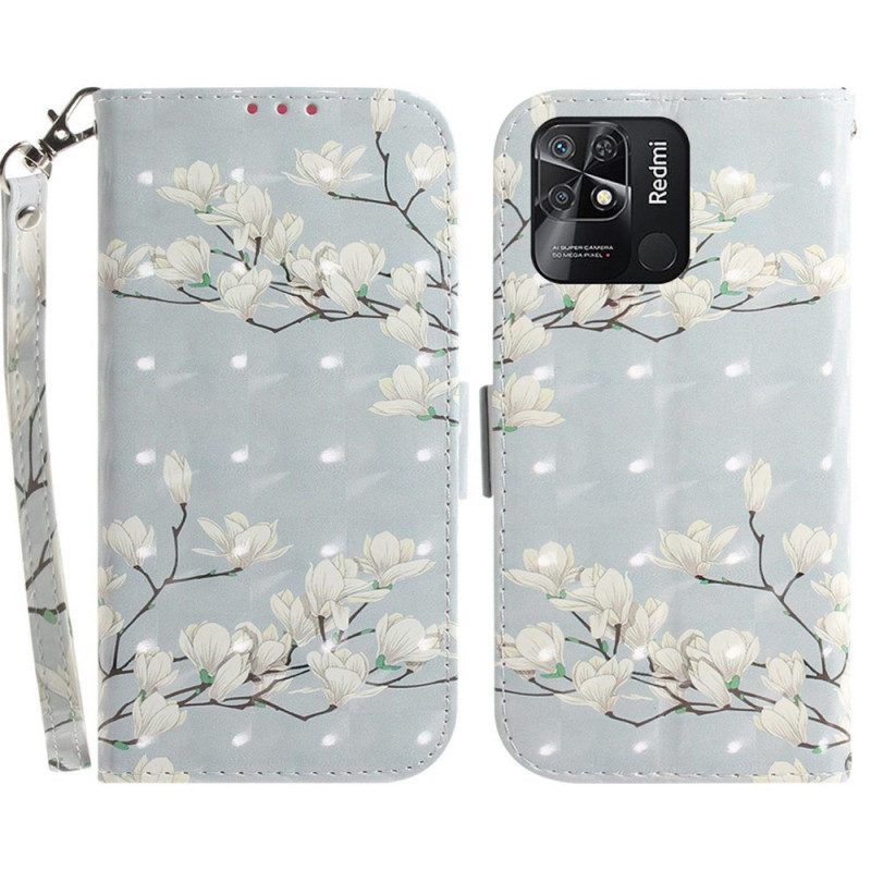 Folio-hoesje voor Xiaomi Redmi 10C Met Ketting Witte Bloemen Met Bandjes