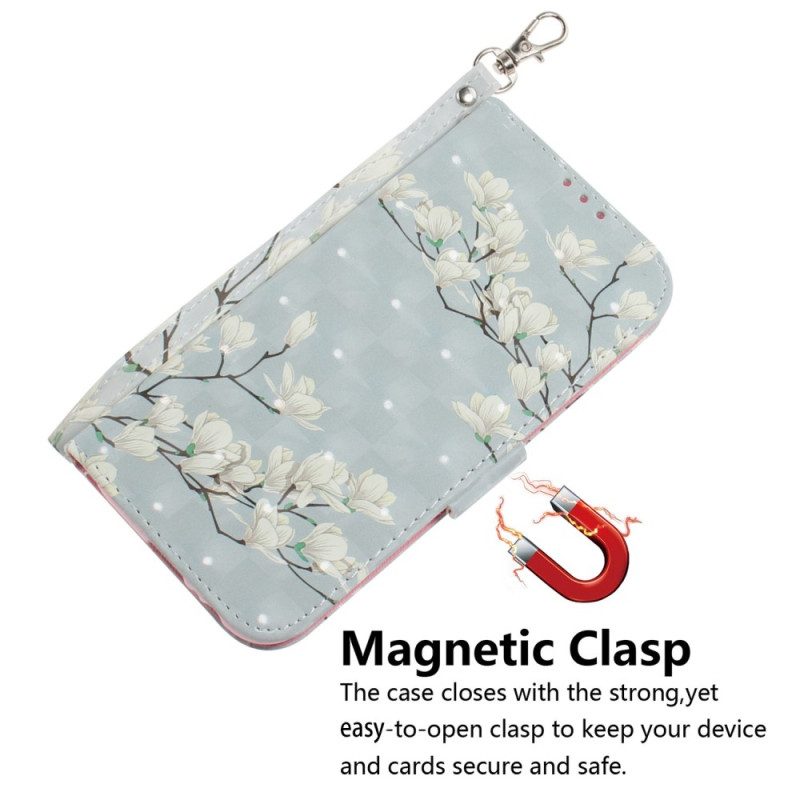 Folio-hoesje voor Xiaomi Redmi 10C Met Ketting Witte Bloemen Met Bandjes