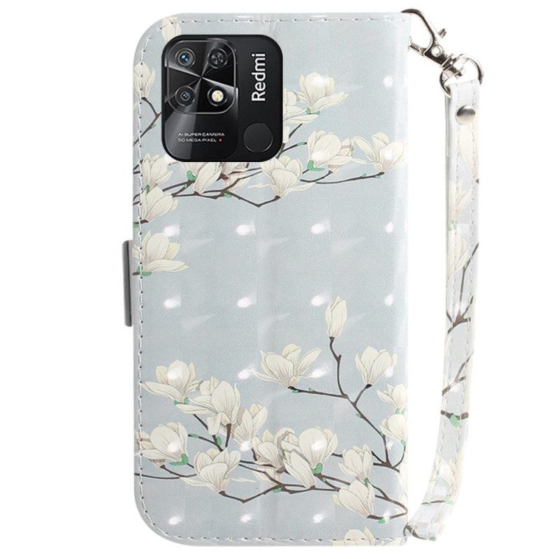 Folio-hoesje voor Xiaomi Redmi 10C Met Ketting Witte Bloemen Met Bandjes