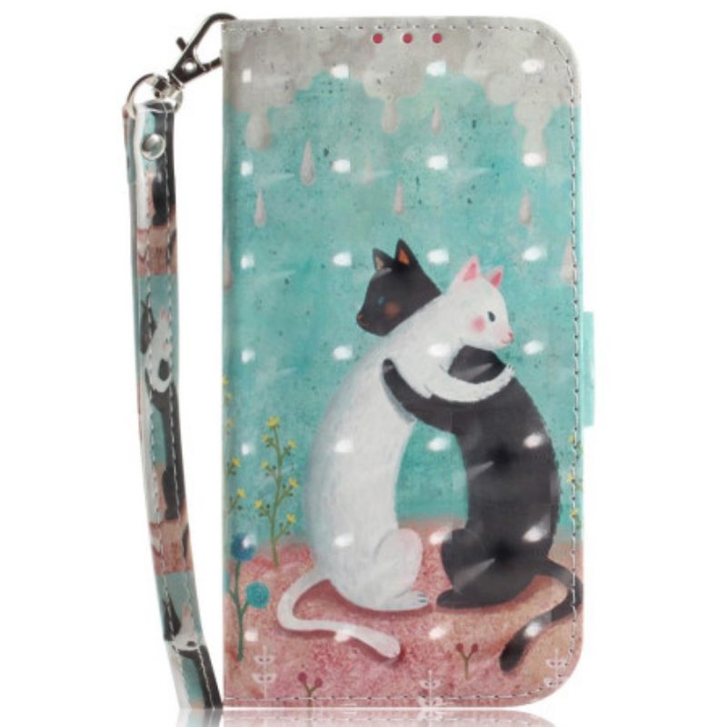 Folio-hoesje voor Xiaomi Redmi 10C Met Ketting Witte Kat Zwarte Kat Met Riem