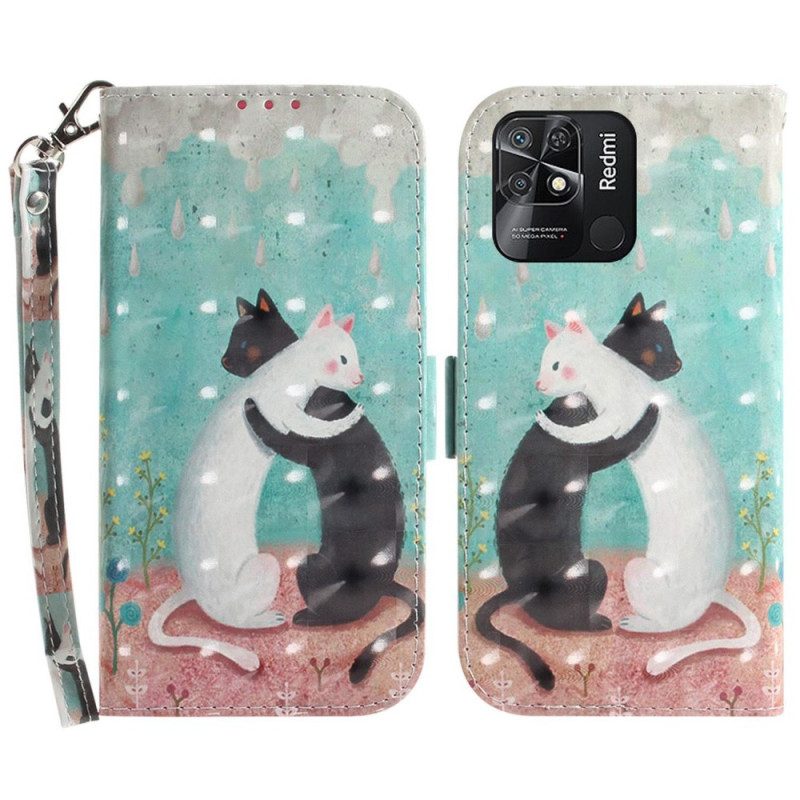 Folio-hoesje voor Xiaomi Redmi 10C Met Ketting Witte Kat Zwarte Kat Met Riem