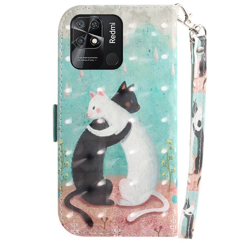 Folio-hoesje voor Xiaomi Redmi 10C Met Ketting Witte Kat Zwarte Kat Met Riem