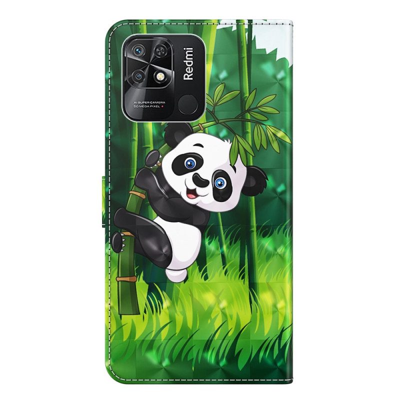 Leren Hoesje voor Xiaomi Redmi 10C Met Ketting Bamboe Panda Met Lanyard