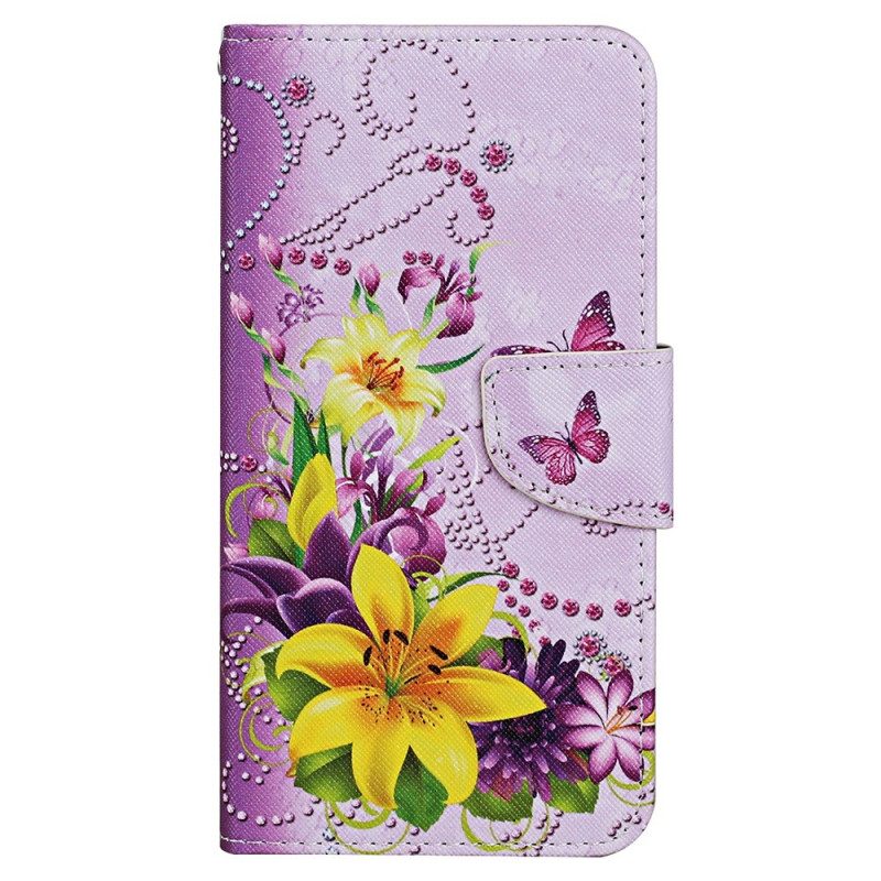 Leren Hoesje voor Xiaomi Redmi 10C Met Ketting Bloemenfantasie Met Bandjes