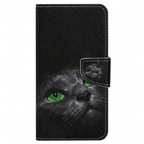 Leren Hoesje voor Xiaomi Redmi 10C Met Ketting Kat Met Groene Ogen In Riem