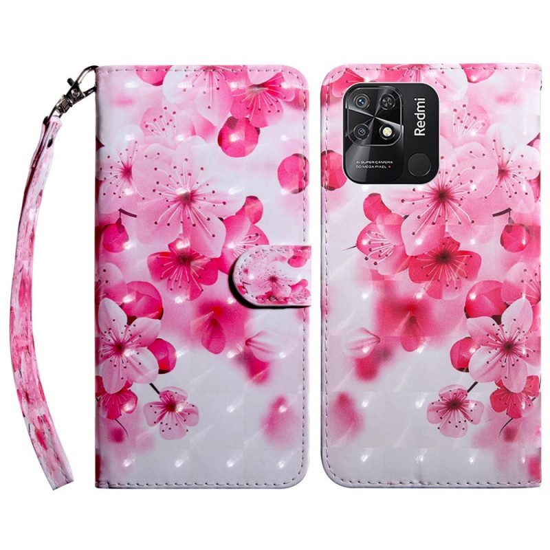 Leren Hoesje voor Xiaomi Redmi 10C Met Ketting Riem Bloemen