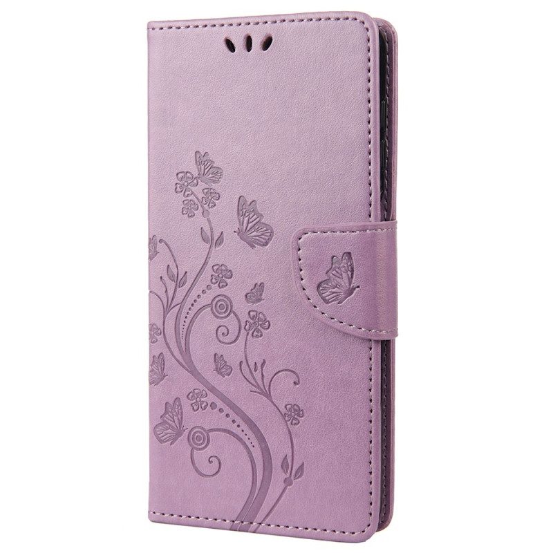 Leren Hoesje voor Xiaomi Redmi 10C Met Ketting Vlinders En Bloemen Riem