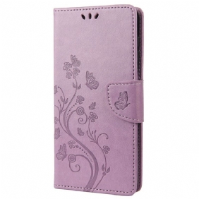 Leren Hoesje voor Xiaomi Redmi 10C Met Ketting Vlinders En Bloemen Riem