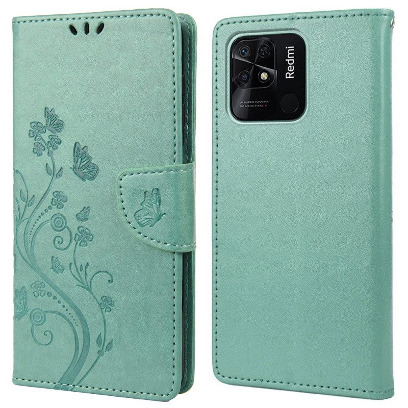 Leren Hoesje voor Xiaomi Redmi 10C Met Ketting Vlinders En Bloemen Riem