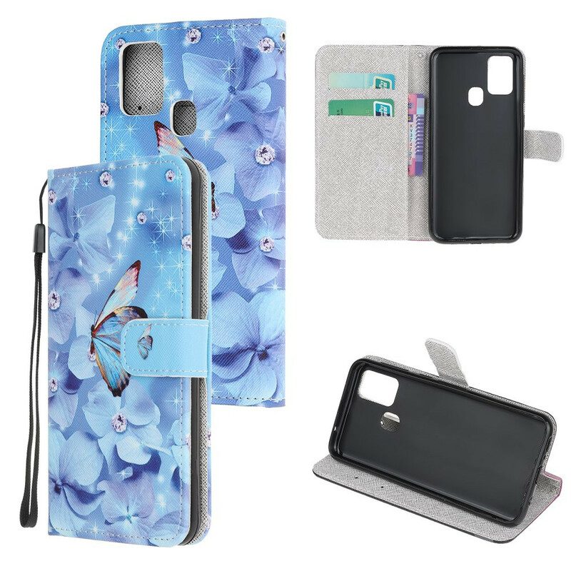 Folio-hoesje voor OnePlus Nord N10 Met Ketting Strappy Diamanten Vlinders