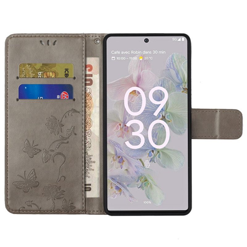 Flip Case voor Google Pixel 6A Met Ketting Bloemen En Vlinders Met Riem