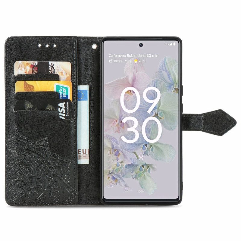 Leren Hoesje voor Google Pixel 6A Met Ketting Strappy Zon Mandala