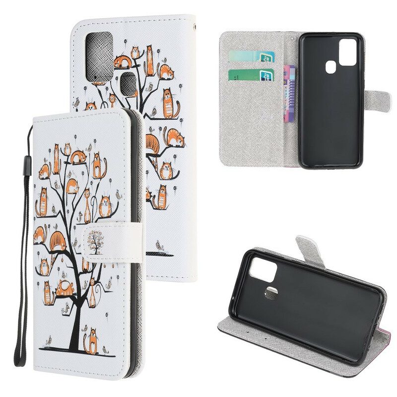 Leren Hoesje voor OnePlus Nord N100 Met Ketting Funky Cats Met Riem