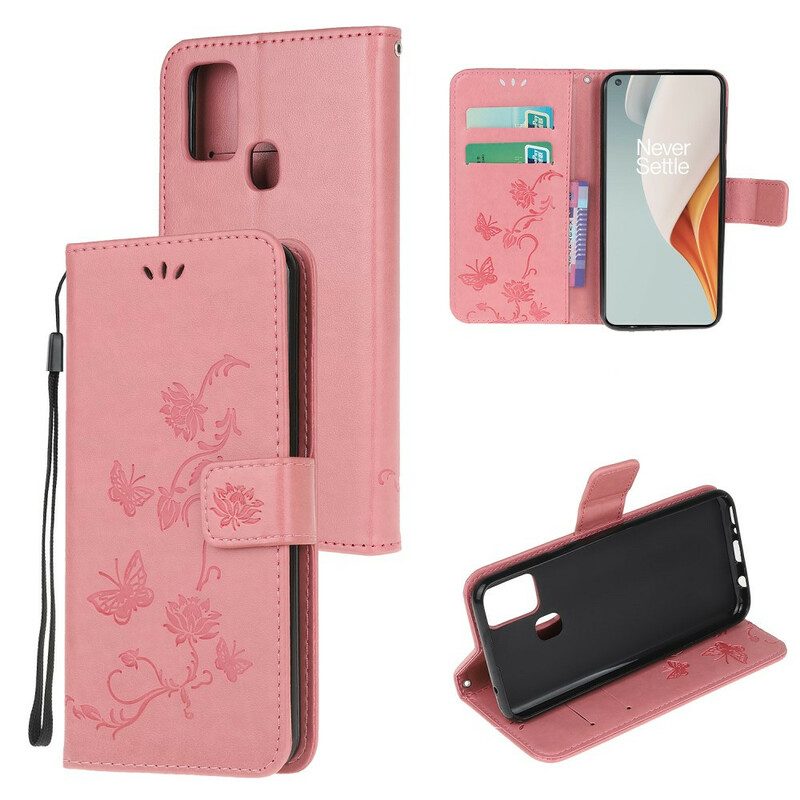 Leren Hoesje voor OnePlus Nord N100 Met Ketting String Vlinders En Bloemen