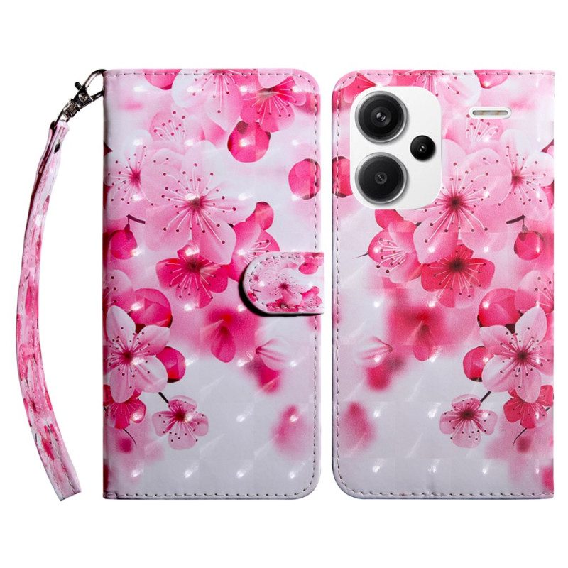 Leren Hoesje Voor Xiaomi Redmi Note 13 Pro Plus 5g Rode Bloemen Met Riem