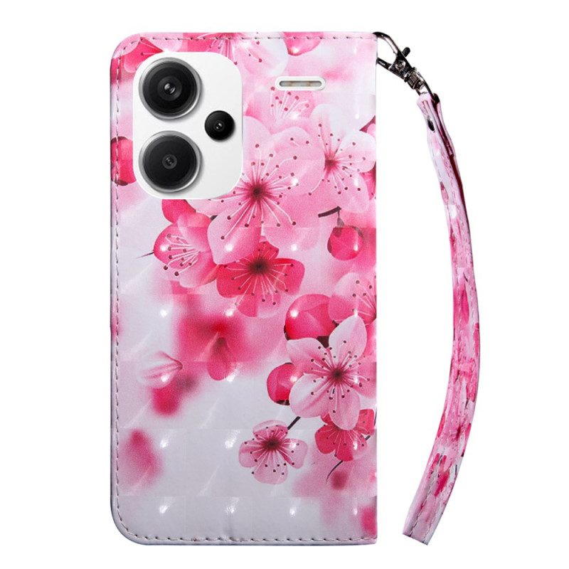 Leren Hoesje Voor Xiaomi Redmi Note 13 Pro Plus 5g Rode Bloemen Met Riem