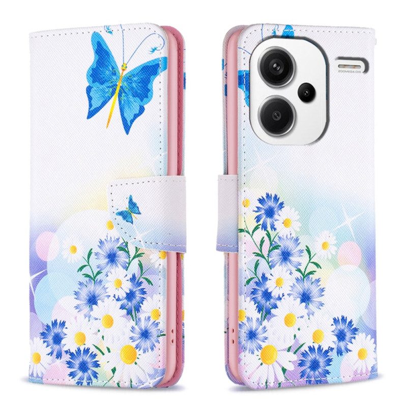 Leren Hoesje Voor Xiaomi Redmi Note 13 Pro Plus 5g Vlinders En Bloemen Aquarel