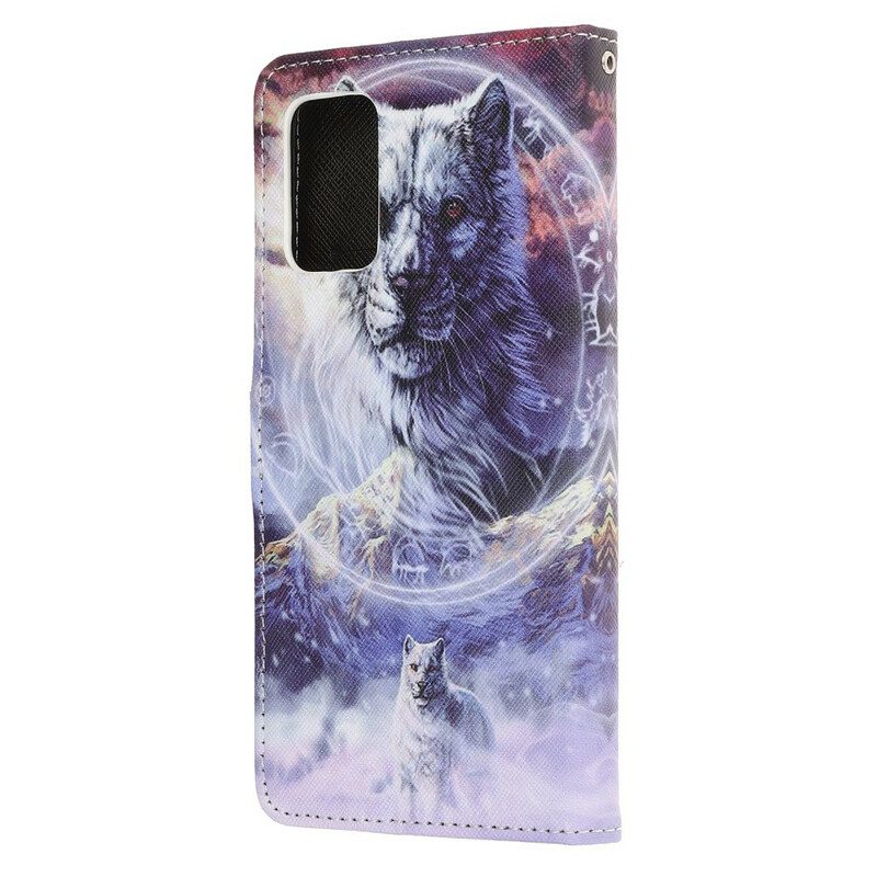 Flip Case voor Samsung Galaxy S20 FE Wolf In De Winter Met Sleutelkoord