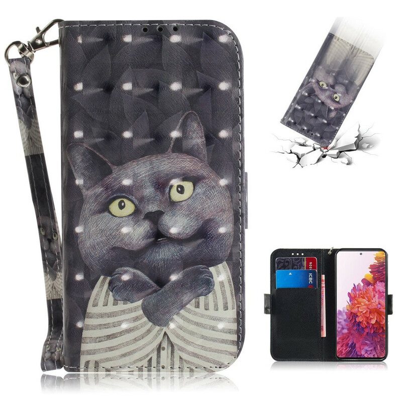 Folio-hoesje voor Samsung Galaxy S20 FE Met Ketting Grijze Kat Met Riem