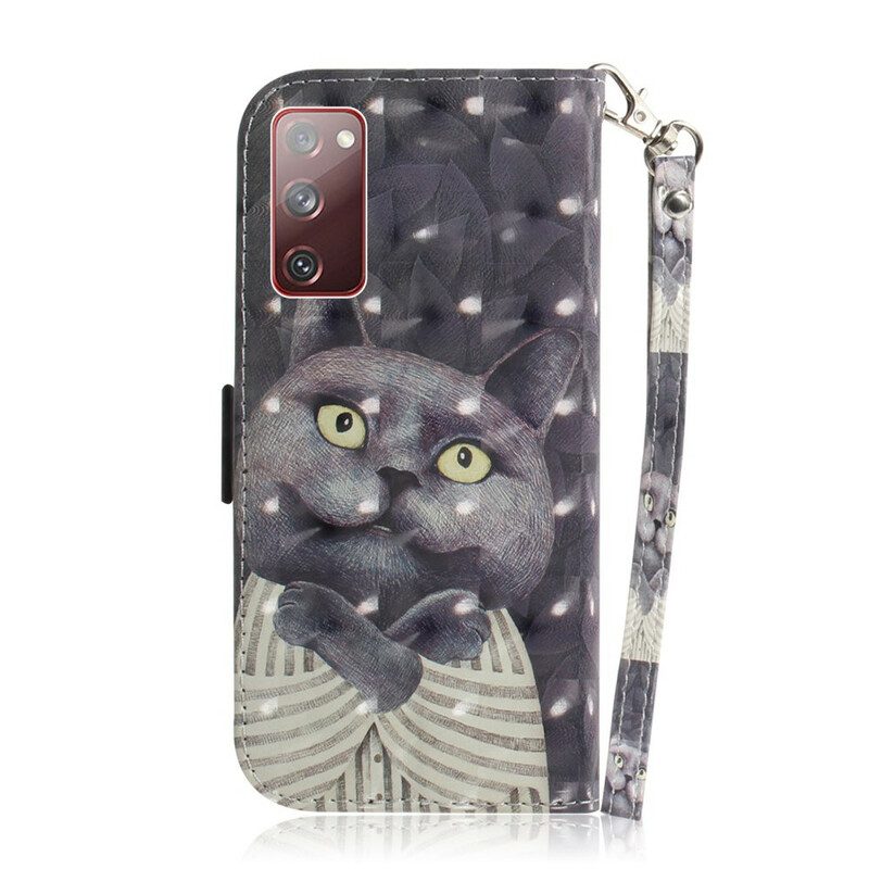 Folio-hoesje voor Samsung Galaxy S20 FE Met Ketting Grijze Kat Met Riem