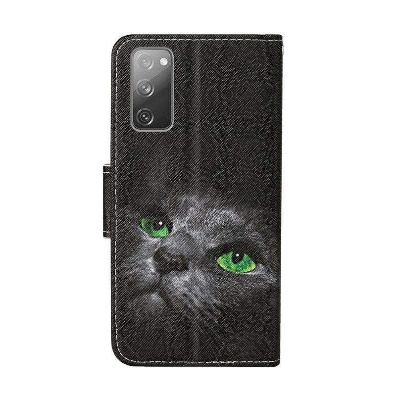 Leren Hoesje voor Samsung Galaxy S20 FE Kat Met Groene Ogen En Koord