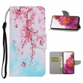 Leren Hoesje voor Samsung Galaxy S20 FE Met Ketting Rode Takken Met Riem