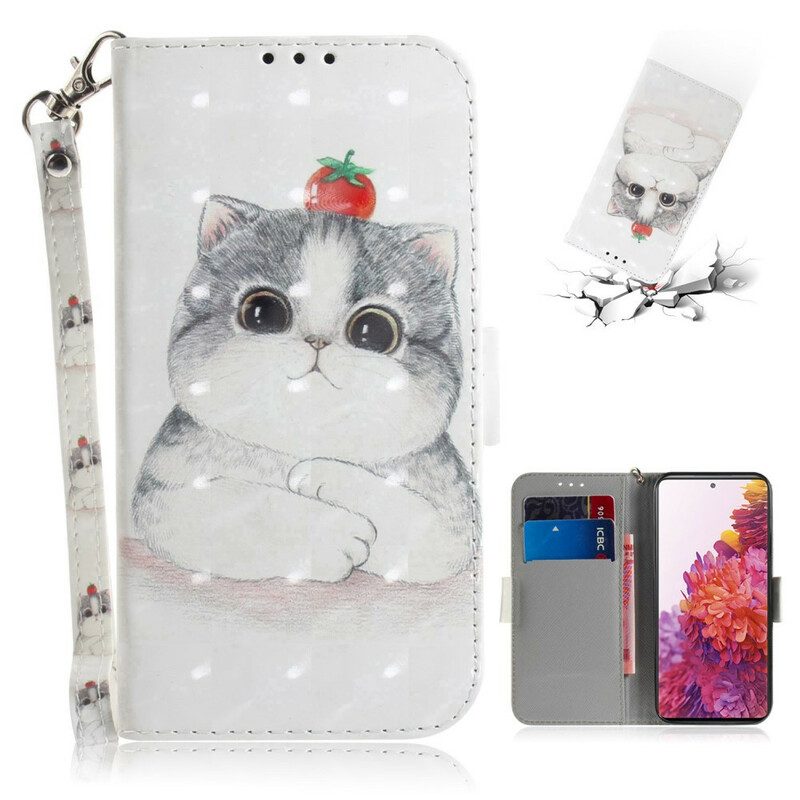 Leren Hoesje voor Samsung Galaxy S20 FE Met Ketting Tomaat Op De Kat Met Een Riempje