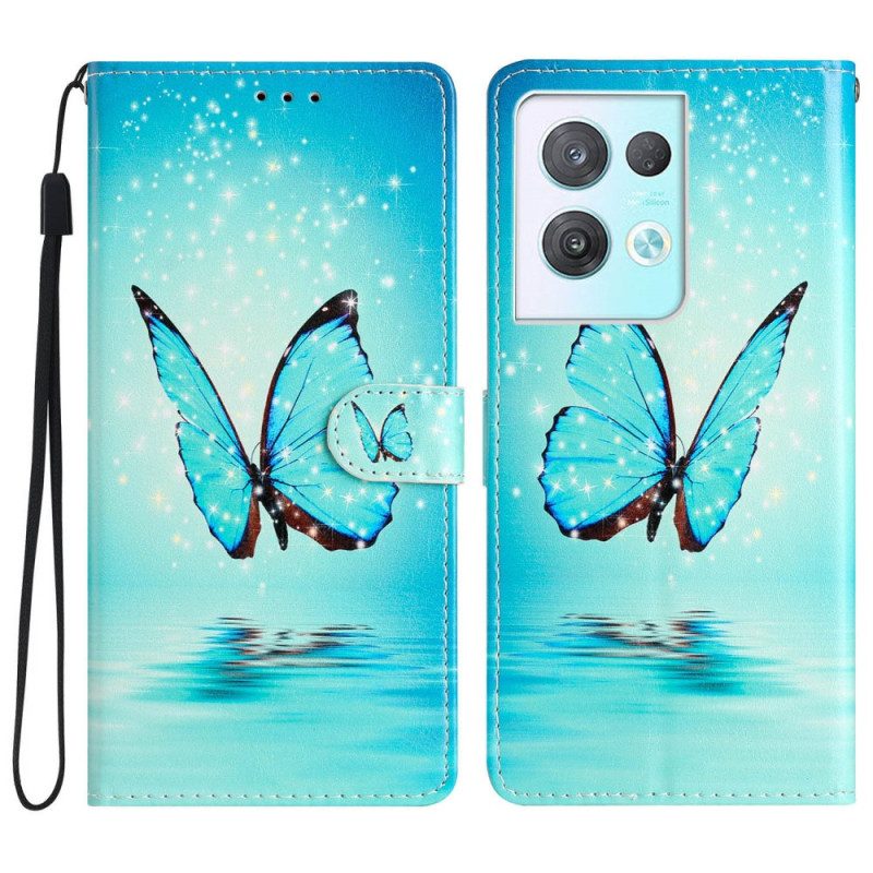 Flip Case voor Oppo Reno 8 Pro Met Ketting Blauwe Vlinders Met Riem