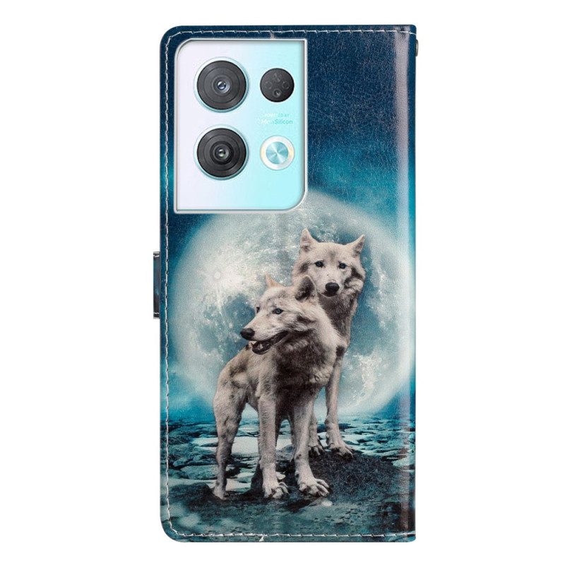 Folio-hoesje voor Oppo Reno 8 Pro Met Ketting Lanyard Wolf