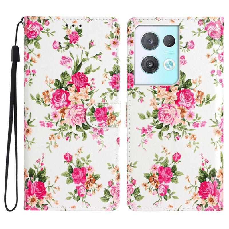 Leren Hoesje voor Oppo Reno 8 Pro Met Ketting Riem Liberty Bloemen