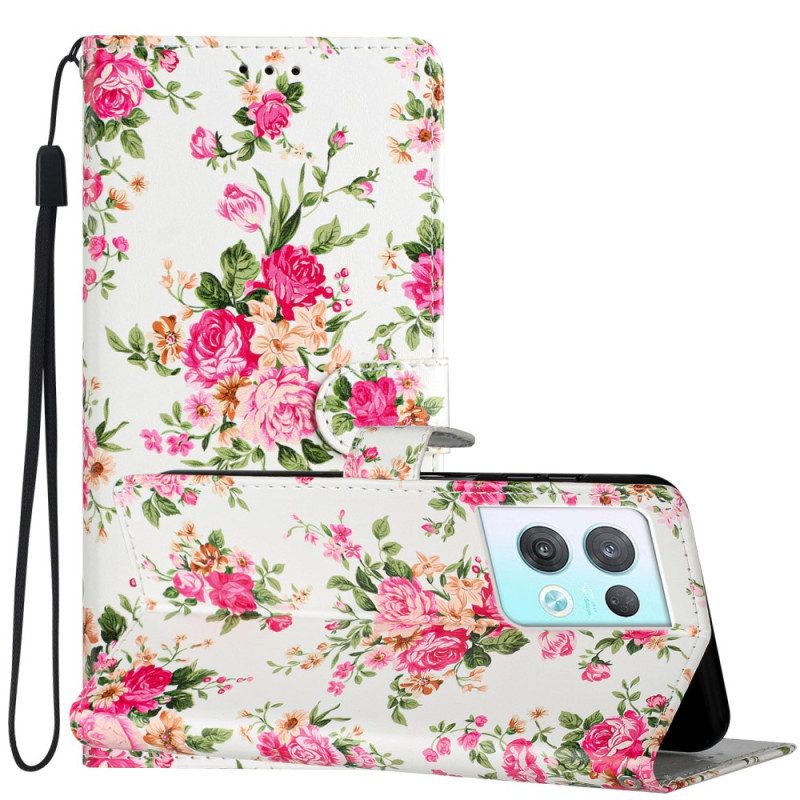 Leren Hoesje voor Oppo Reno 8 Pro Met Ketting Riem Liberty Bloemen