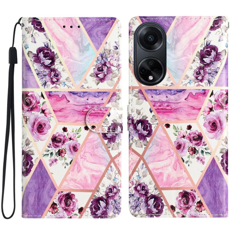 Bescherming Hoesje Oppo A98 5g Paarse Bloemen Met Riempje