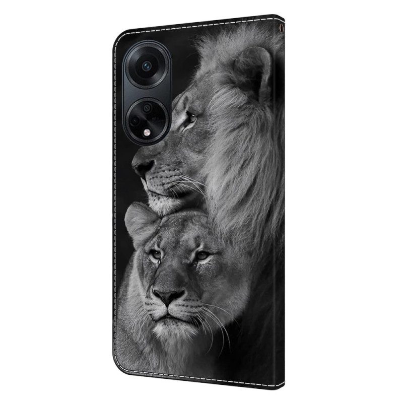 Flip Case Leren Oppo A98 5g Paar Leeuwen