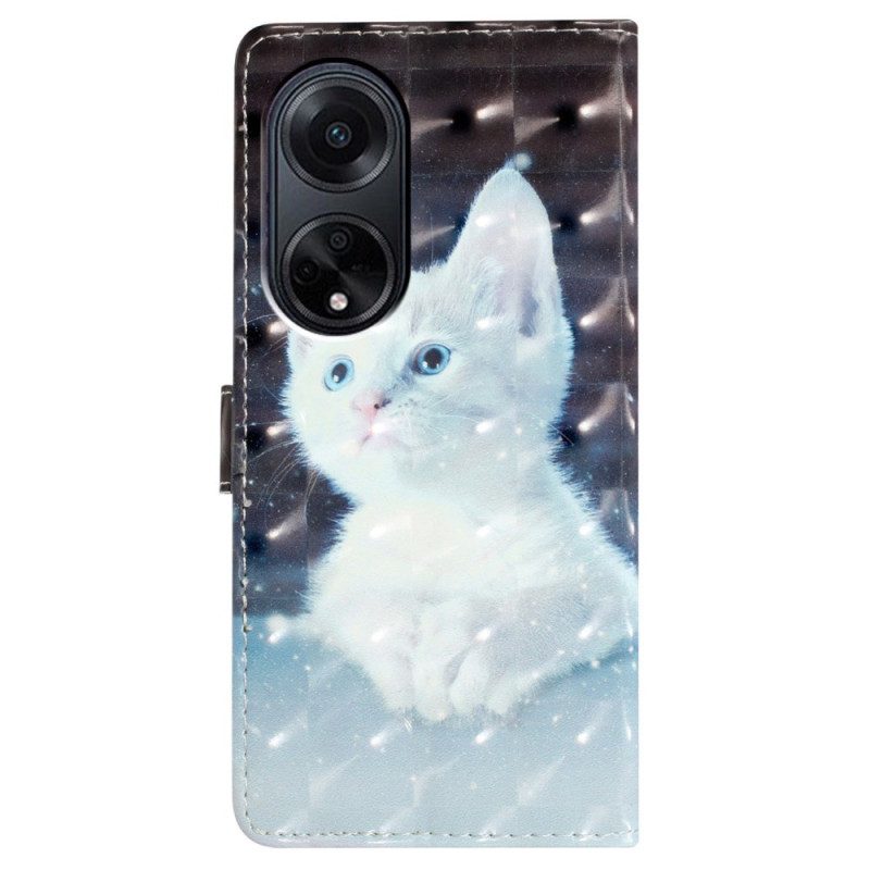 Leren Hoesje Oppo A98 5g 3d Witte Kat Met Riem Bescherming Hoesje