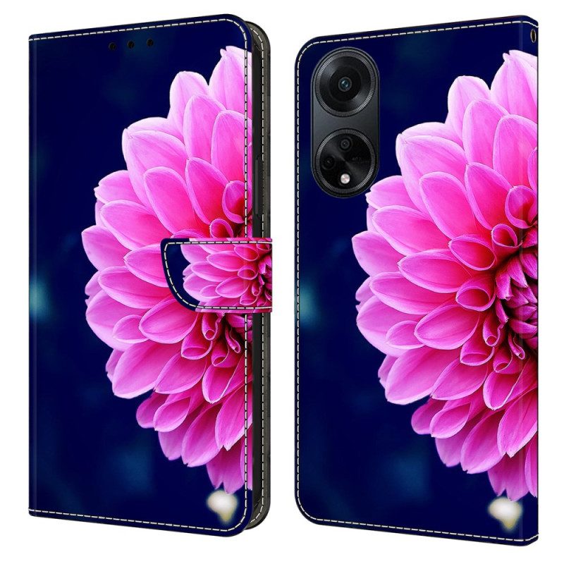 Leren Hoesje Oppo A98 5g Roze Bloemen Op Blauwe Achtergrond