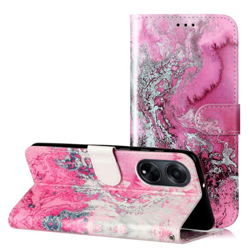 Leren Hoesje Oppo A98 5g Roze En Zilver Marmerpatroon Bescherming Hoesje