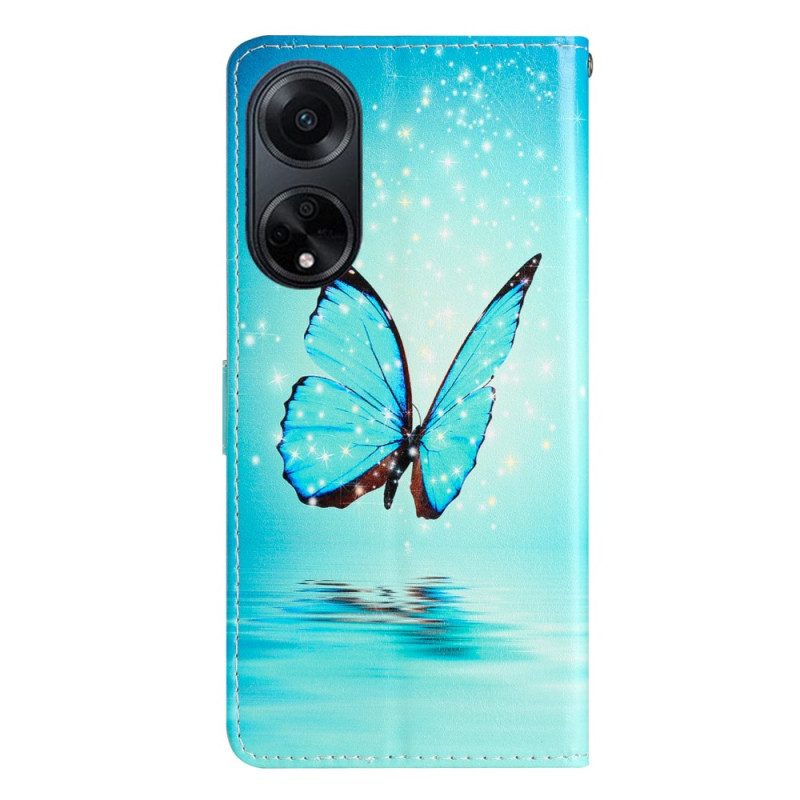 Leren Hoesje Voor Oppo A98 5g Blauwe Vlinder Met Riem