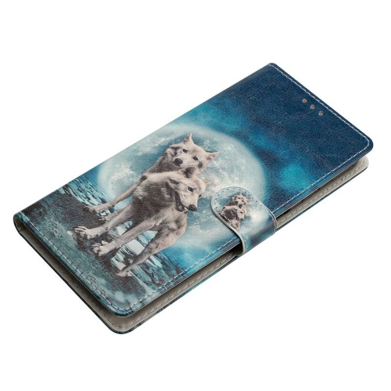 Leren Hoesje Voor Oppo A98 5g Twee Wolven Met Riemen