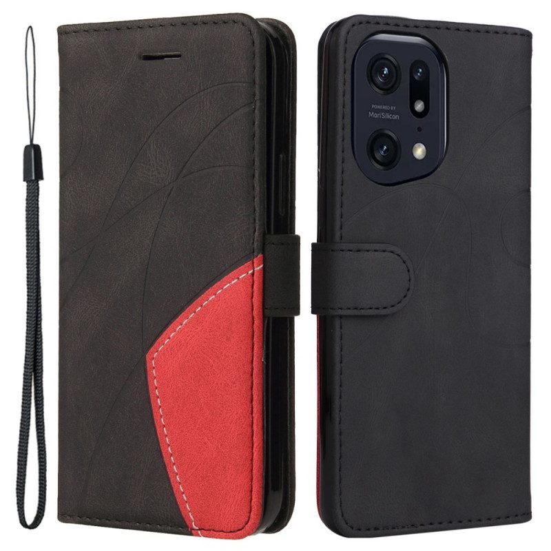 Folio-hoesje voor Oppo Find X5 Pro Met Ketting Tweekleurige Riem