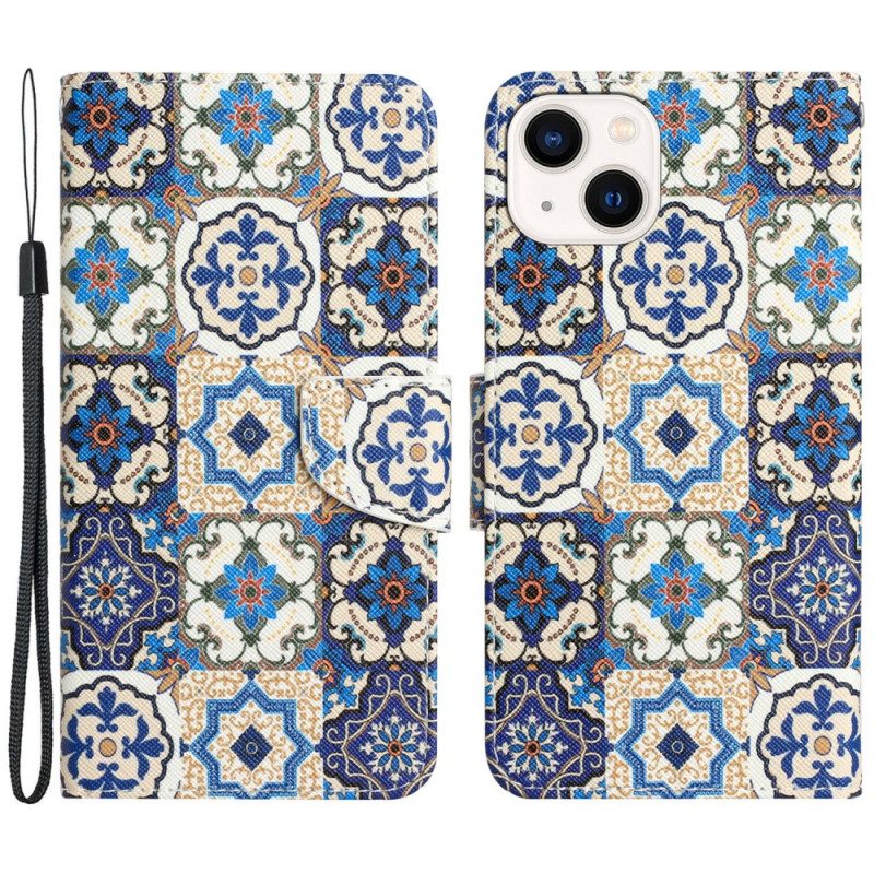 Flip Case voor iPhone 15 Met Ketting Blauw Patchwork Met Riempje