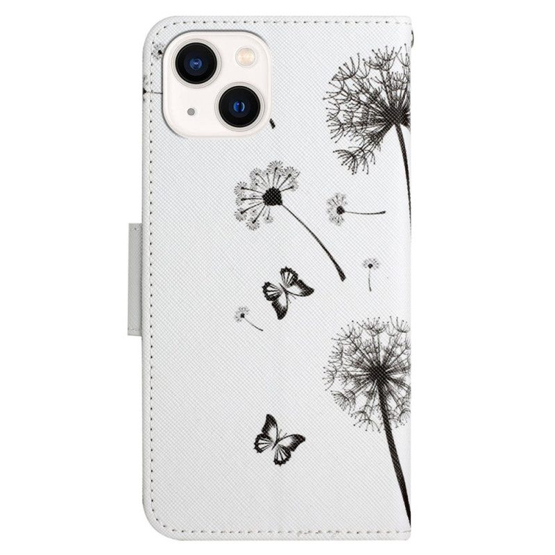 Flip Case voor iPhone 15 Met Ketting Paardenbloem Love Met Riempje