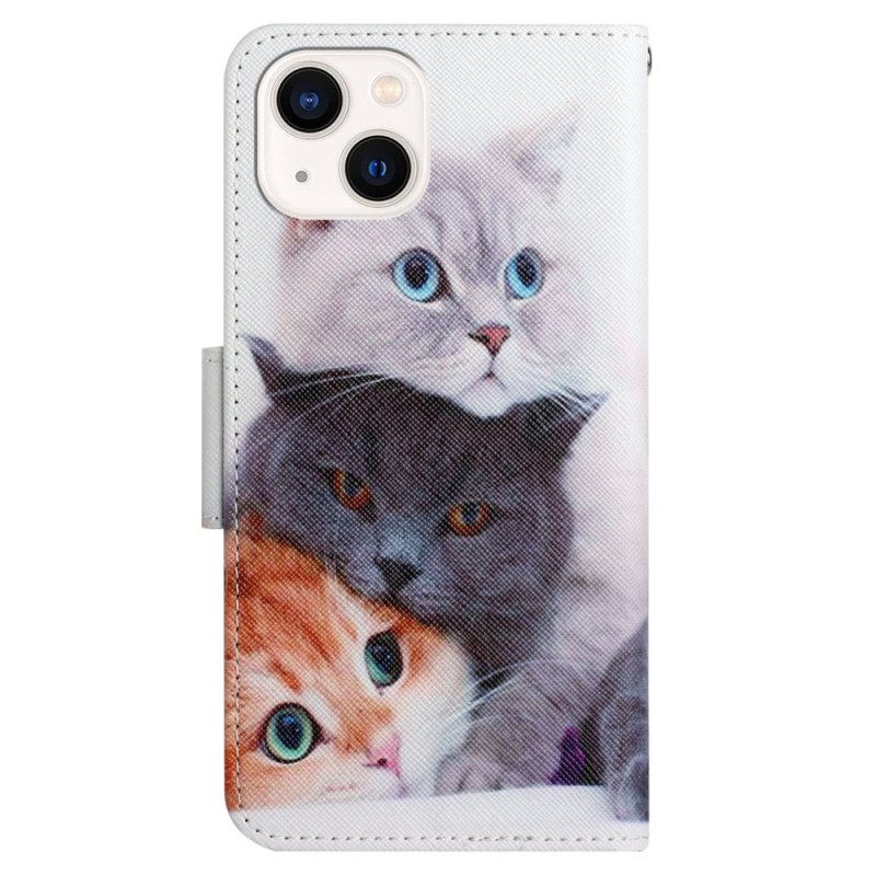 Folio-hoesje voor iPhone 15 Met Ketting Alleen Katten Met Riemen