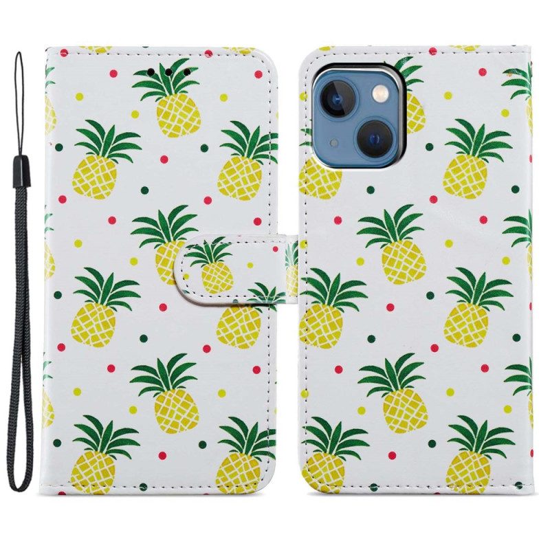 Folio-hoesje voor iPhone 15 Met Ketting Ananas Met Bandje