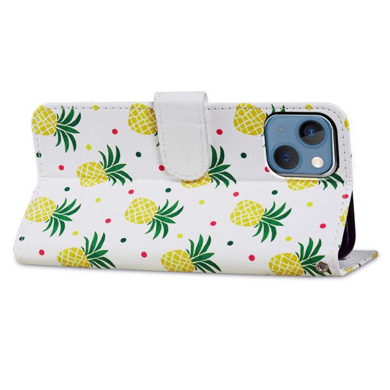 Folio-hoesje voor iPhone 15 Met Ketting Ananas Met Bandje