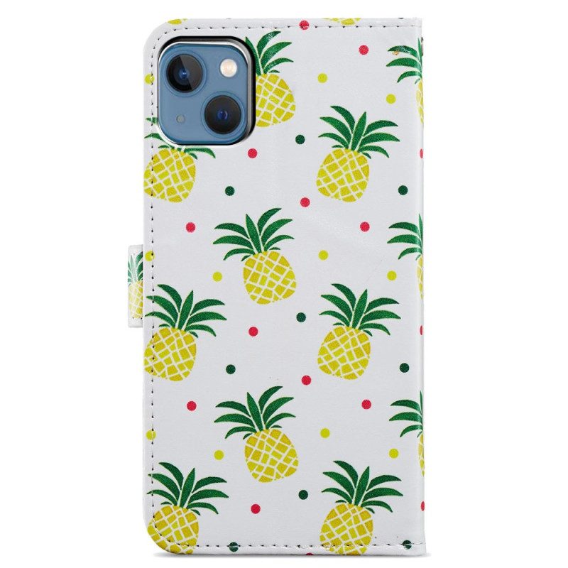 Folio-hoesje voor iPhone 15 Met Ketting Ananas Met Bandje